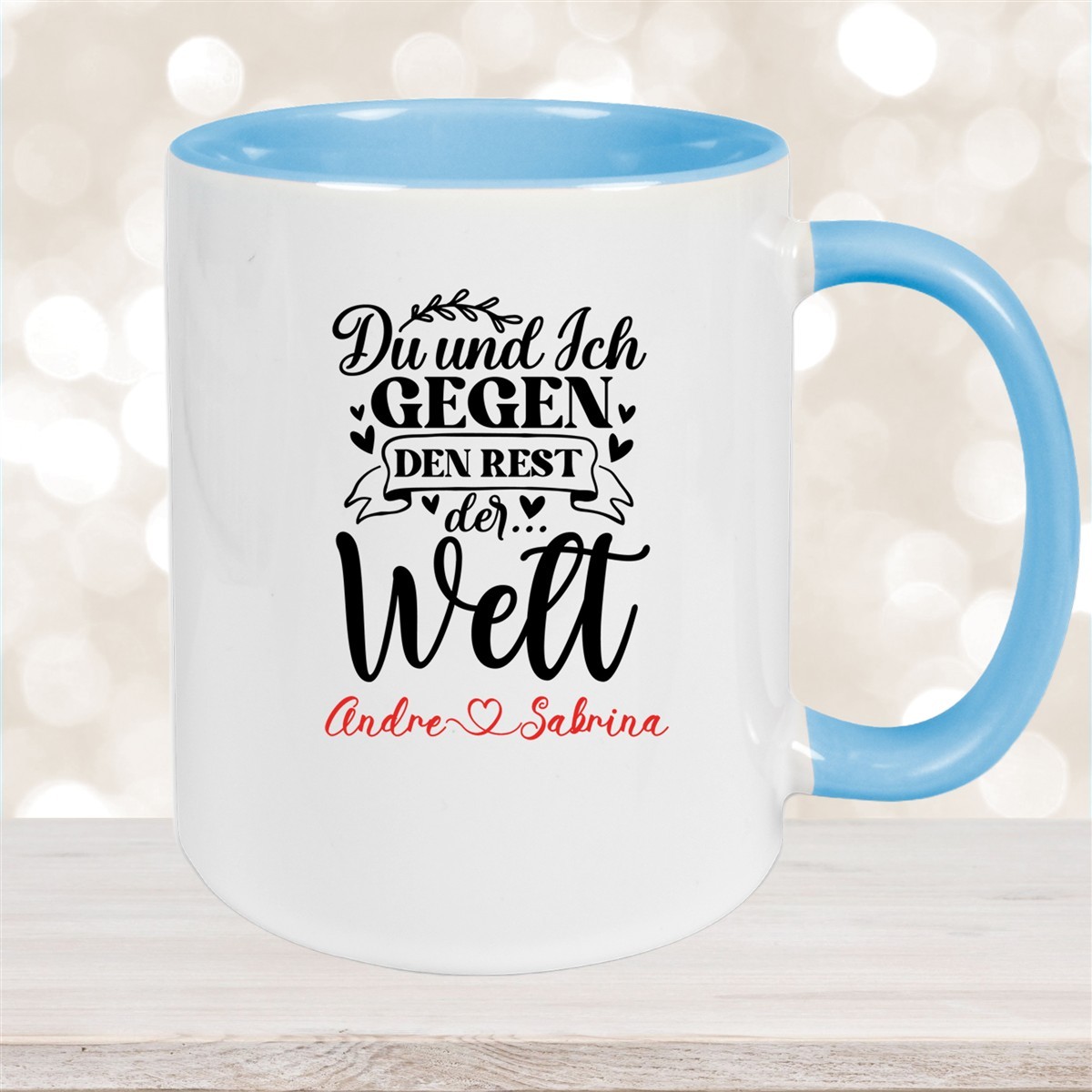 Tasse Liebe - Spruch "Du und Ich, gegen den Rest der Welt" Valentinstag Wunschnamen Keramik personalisiert versch. Farben Hellblau