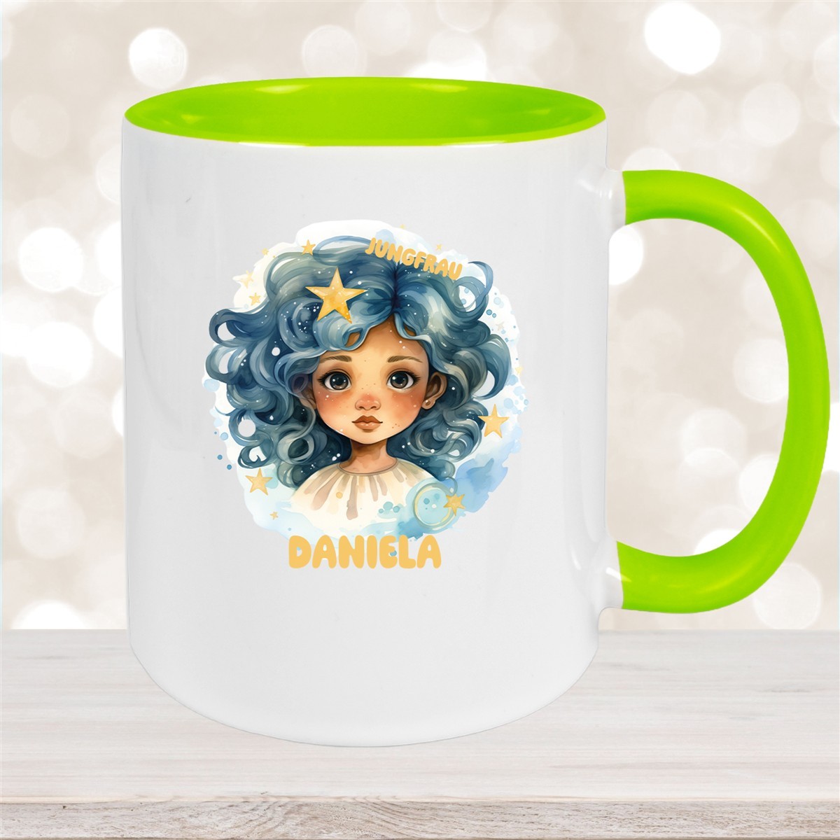 Tasse Sternzeichen Kinder Jungfrau #1 Wunschname Keramik Kinderbecher personalisiert Grün
