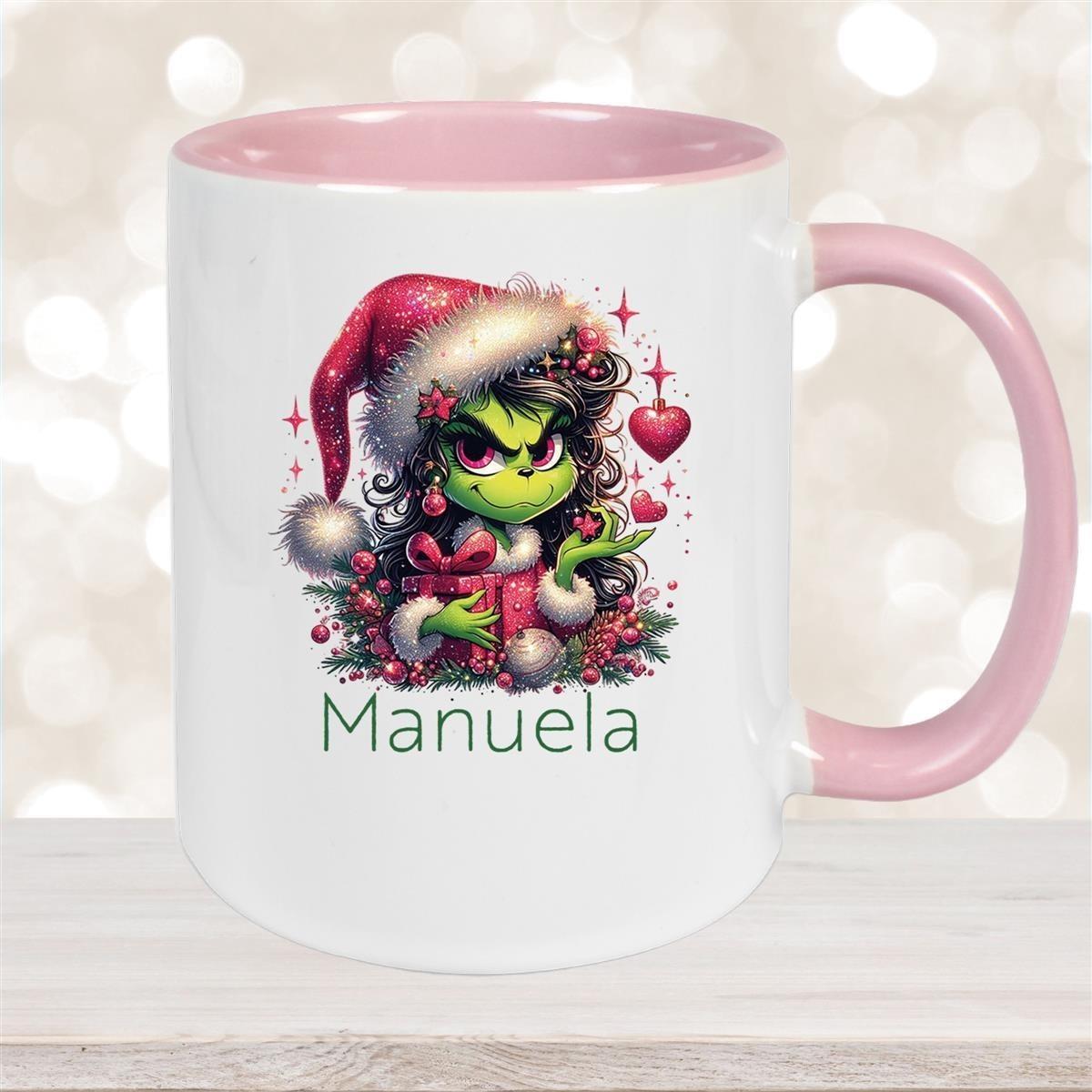 Tasse Wunschname Weihnachten Lady-Grinch 2 Keramik Kinderbecher versch. Farben