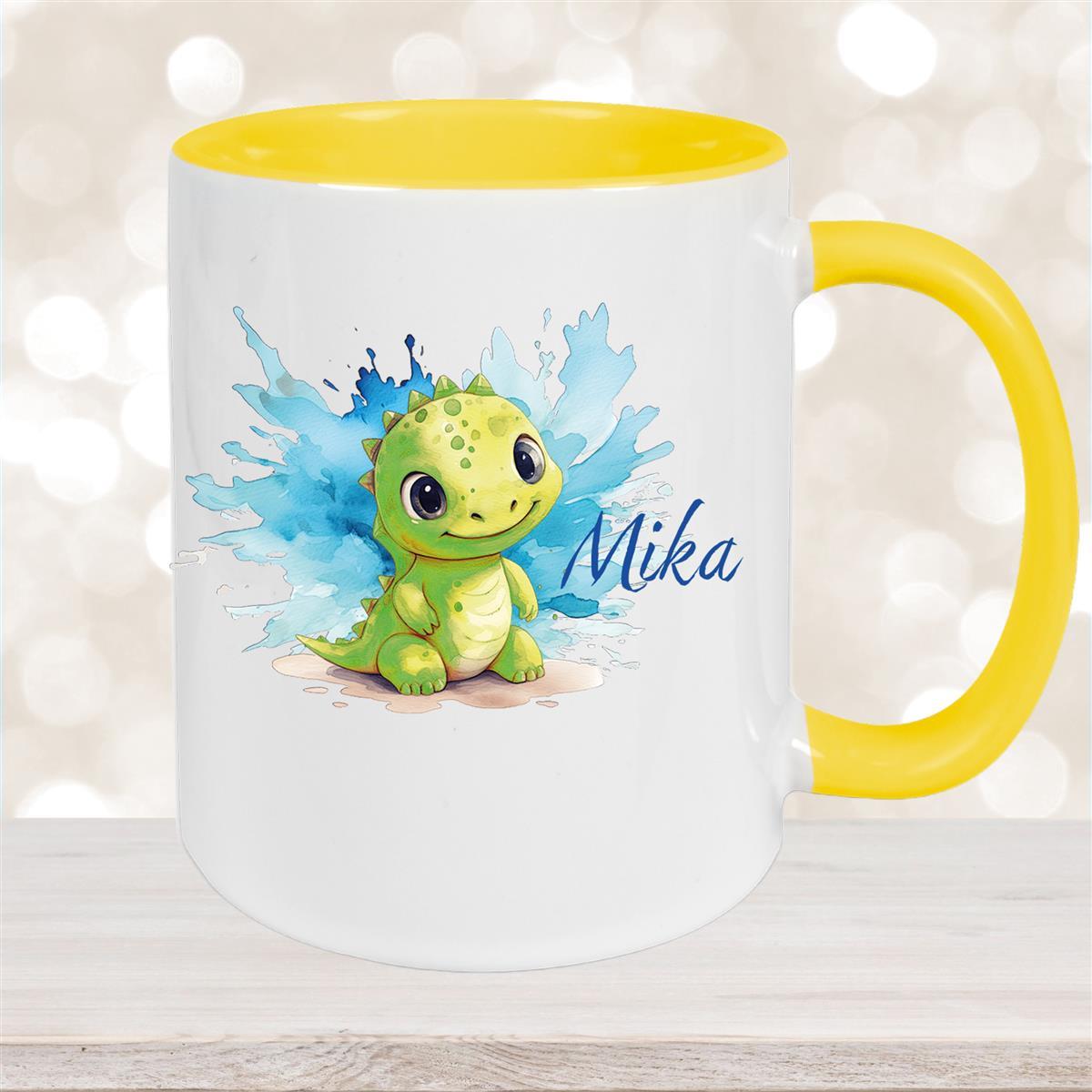 Tasse Dino #12 Wunschname Keramik Kinderbecher Personalisiert Gelb