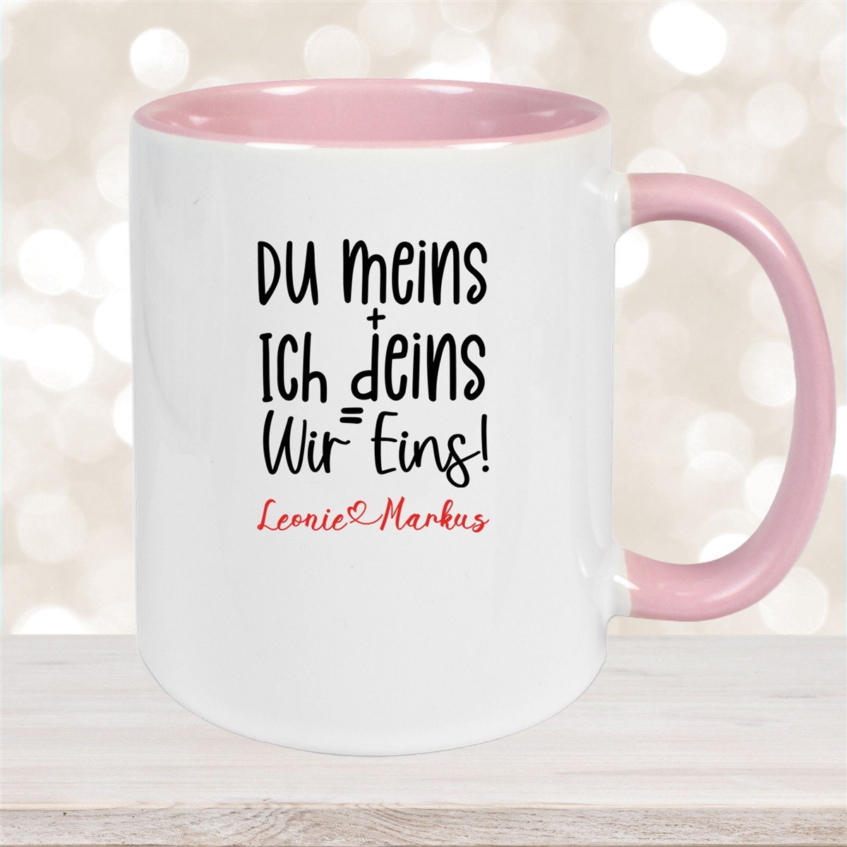Tasse Liebe - Spruch "du meins, ich deins, wir eins" Valentinstag Wunschnamen Keramik personalisiert versch. Farben Altrosa