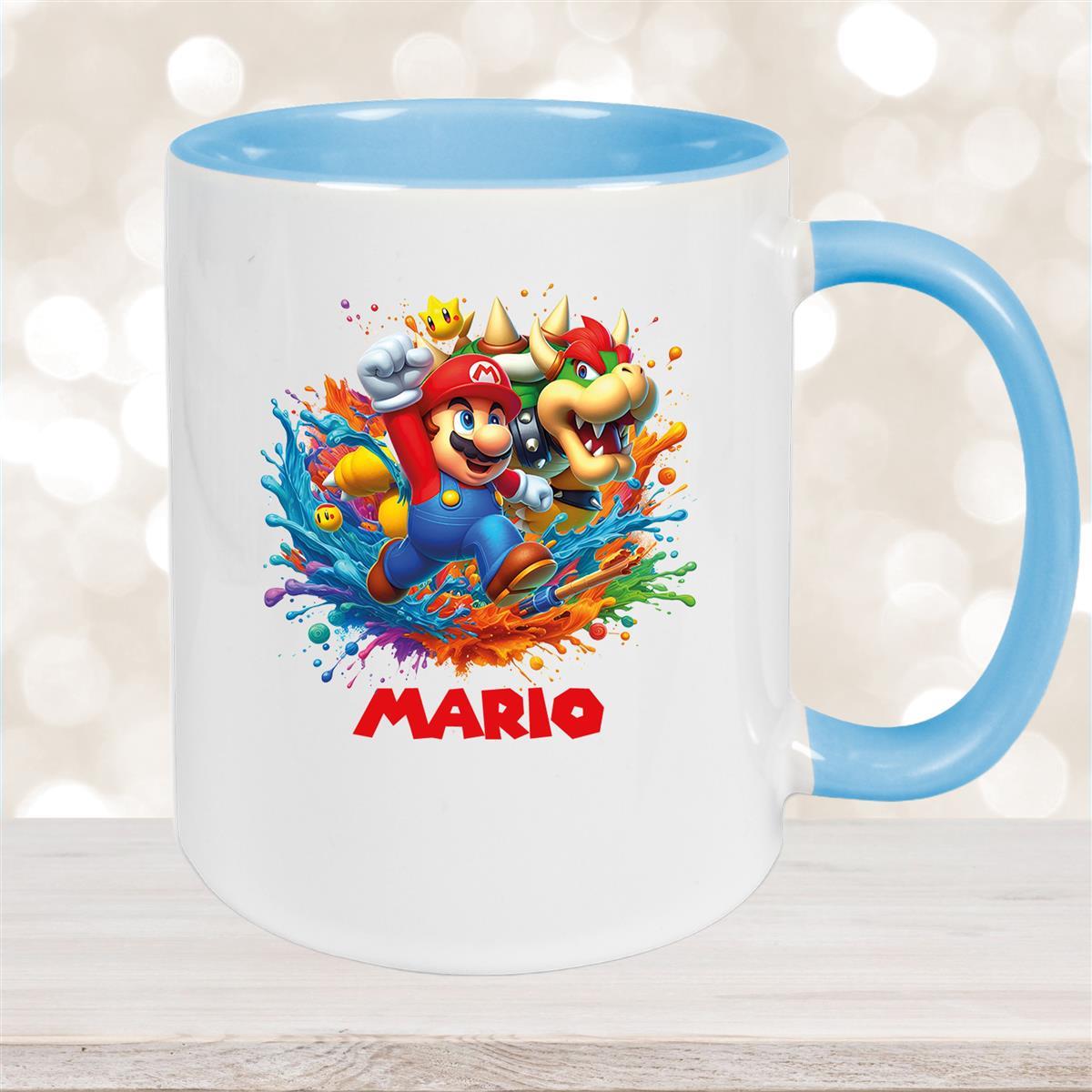 Tasse Wunschname Super-Mario #5 Keramik Kinderbecher personalisiert Hellblau