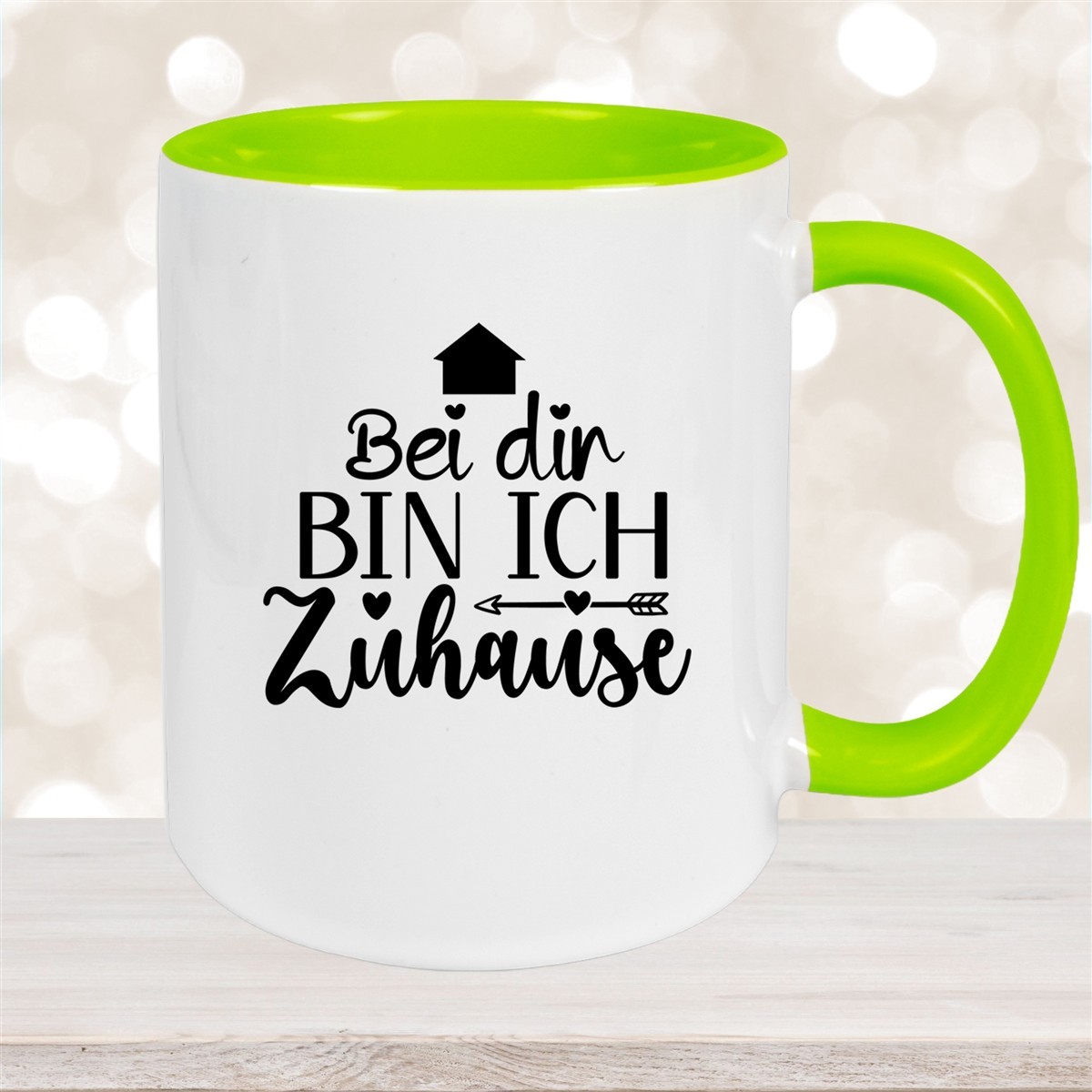 Tasse Liebe -  Spruch "Bei dir bin ich zu Hause" Valentinstag Wunschnamen Keramik personalisiert versch. Farben Grün