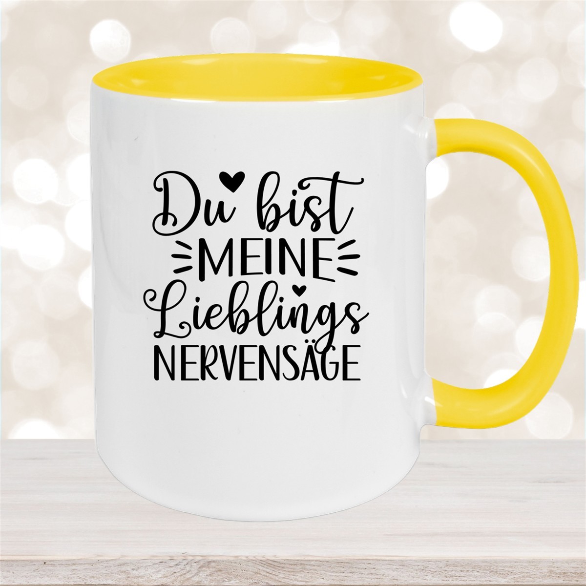 Tasse Liebe - Spruch "Du bist MEINE Lieblings NERVENSÄGE" Valentinstag Wunschnamen Keramik personalisiert versch. Farben Gelb