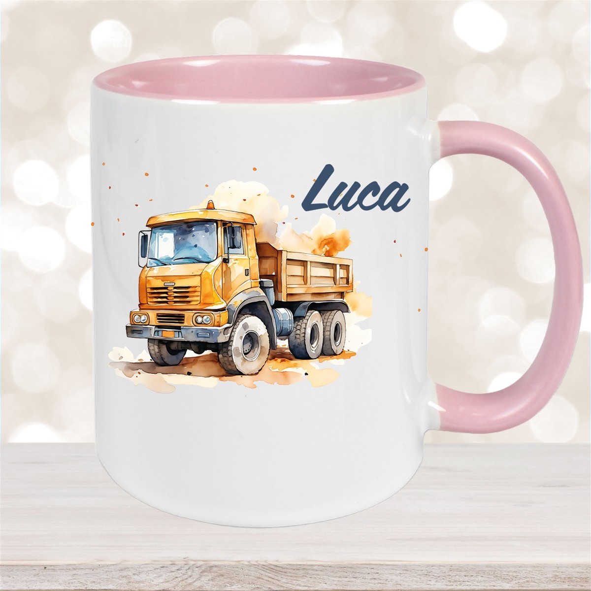 Tasse Wunschname Baustelle Kipper Keramik Kinderbecher Altrosa