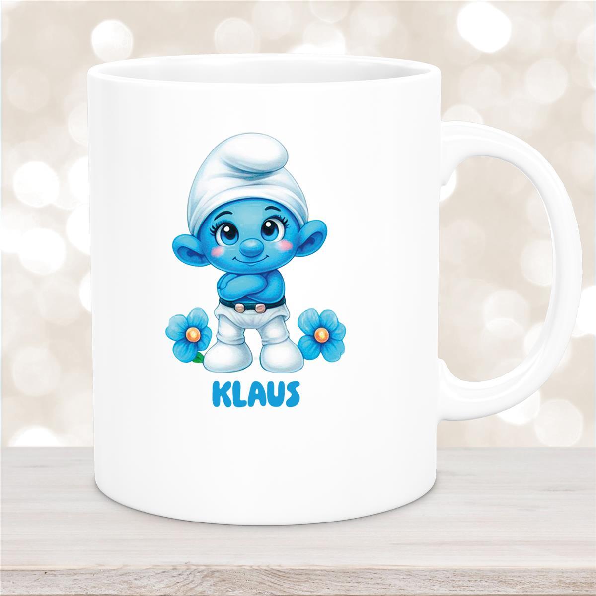 Tasse Kinder Schlumpf #3 Wunschname Keramik Kinderbecher personalisiert versch. Farben Weiß