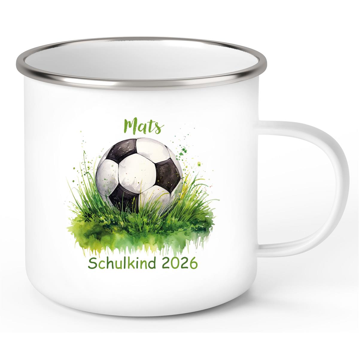 Tasse Schulkind 12 Wunschname Fußball1 Emaille Kinderbecher Personalisiert