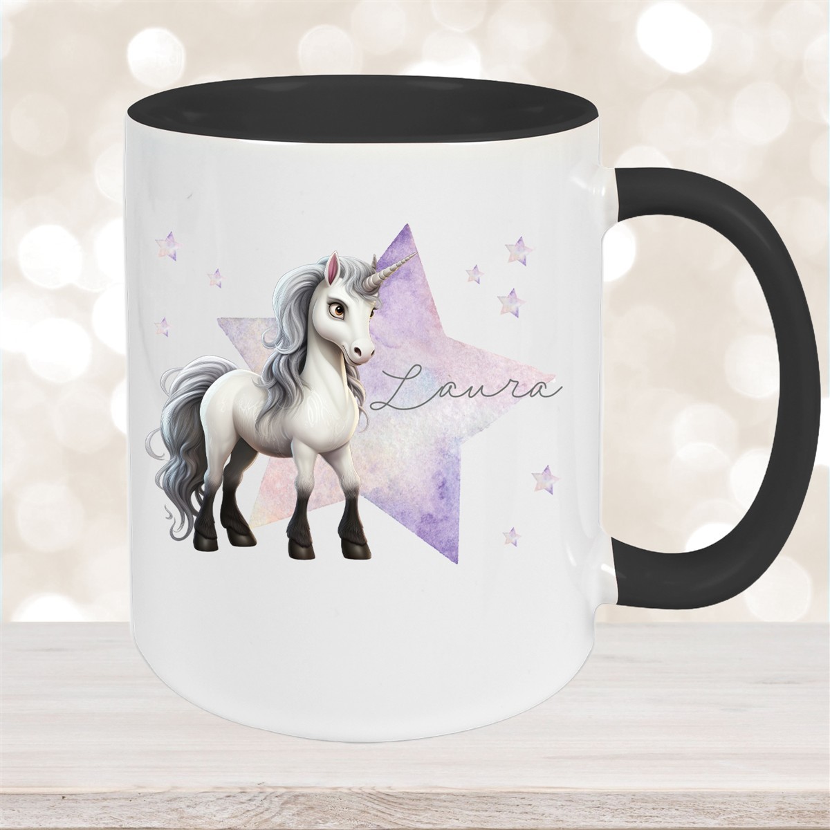 Tasse Wunschname Einhorn Stern #1 Keramik Kinderbecher Schwarz
