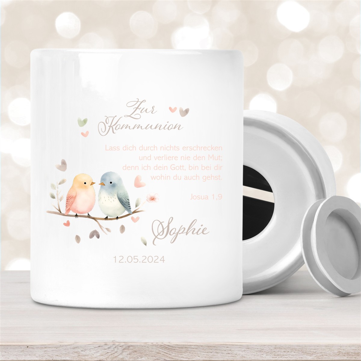 Spardose zur Kommunion mit Wunschname Vögel #1 Personalisiert Spardose zur Kommunion mit Wunschname Vögel #1 Personalisiert