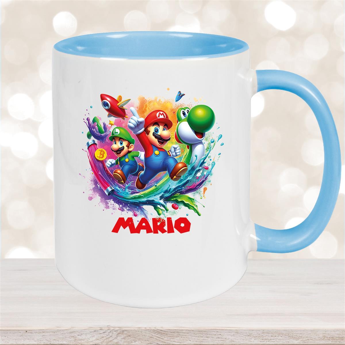 Tasse Wunschname Super-Mario #2 Keramik Kinderbecher personalisiert Hellblau