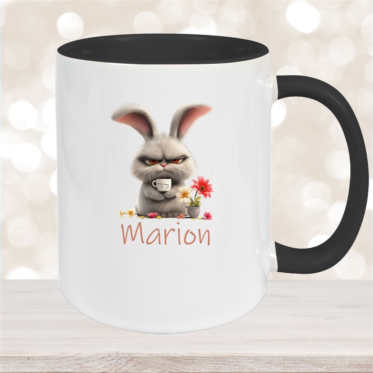 Tasse Ostern Grumpy-Bunny #2 Wunschnamen Keramik personalisiert Schwarz