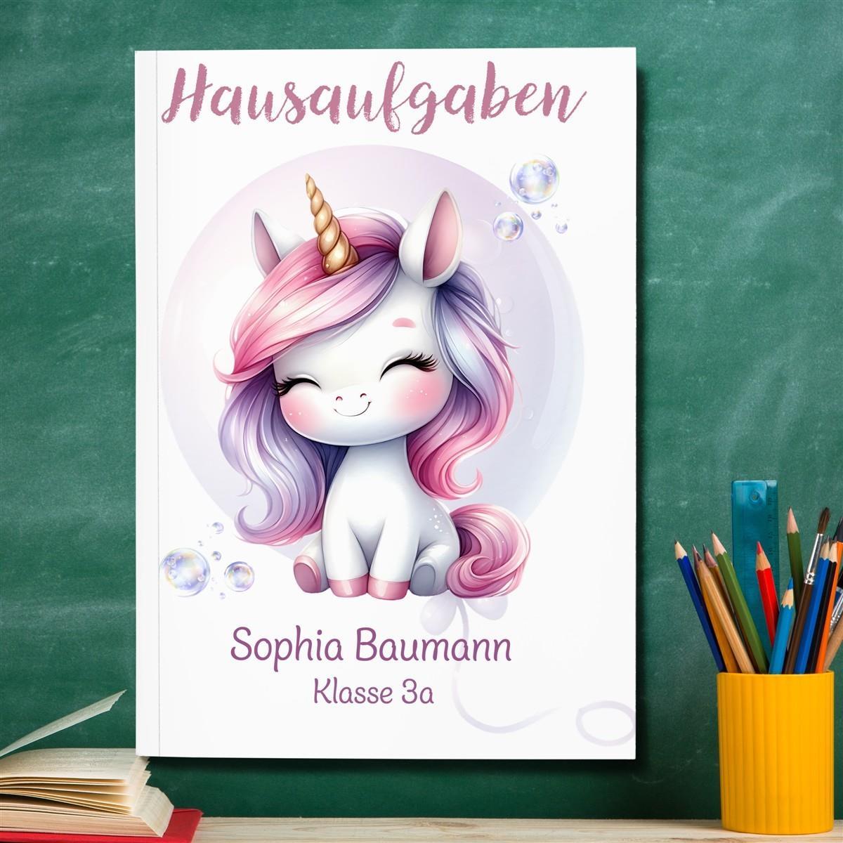 Hausaufgabenheft Einhorn 1 DIN A5 - 48 Blatt mit Name und Klasse