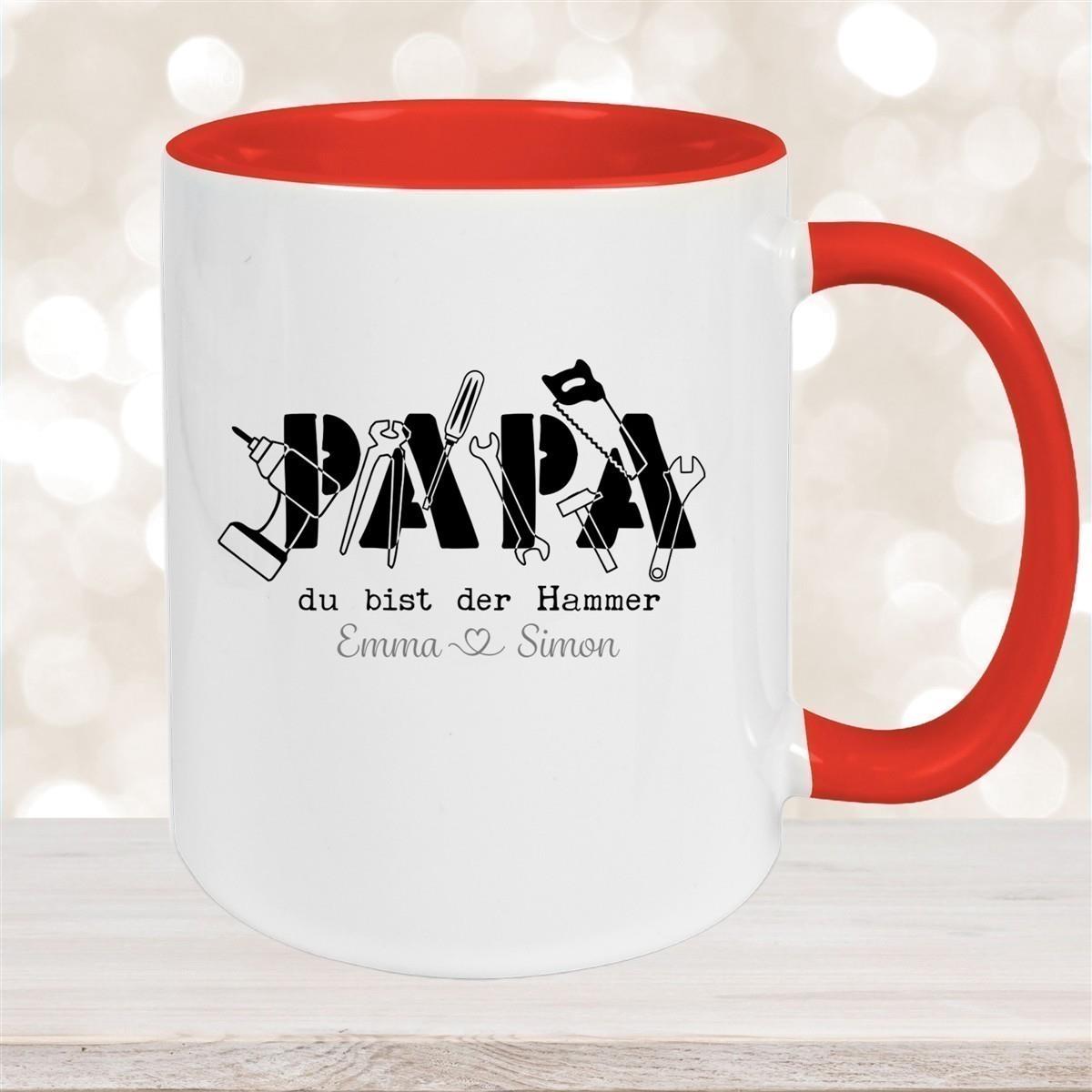 Tasse Vatertag 9 Papa, "Du bist der Hammer" Wunschnamen Keramik Personalisiert versch. Farben