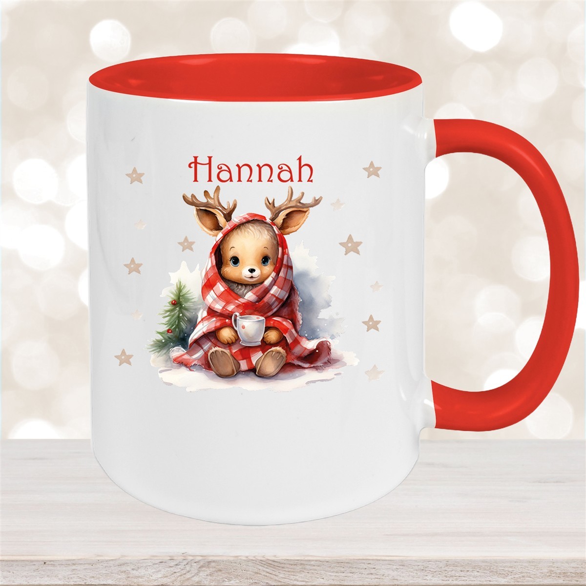 Tasse Wunschname Weihnachten Rehlein #1 Keramik Kinderbecher Rot
