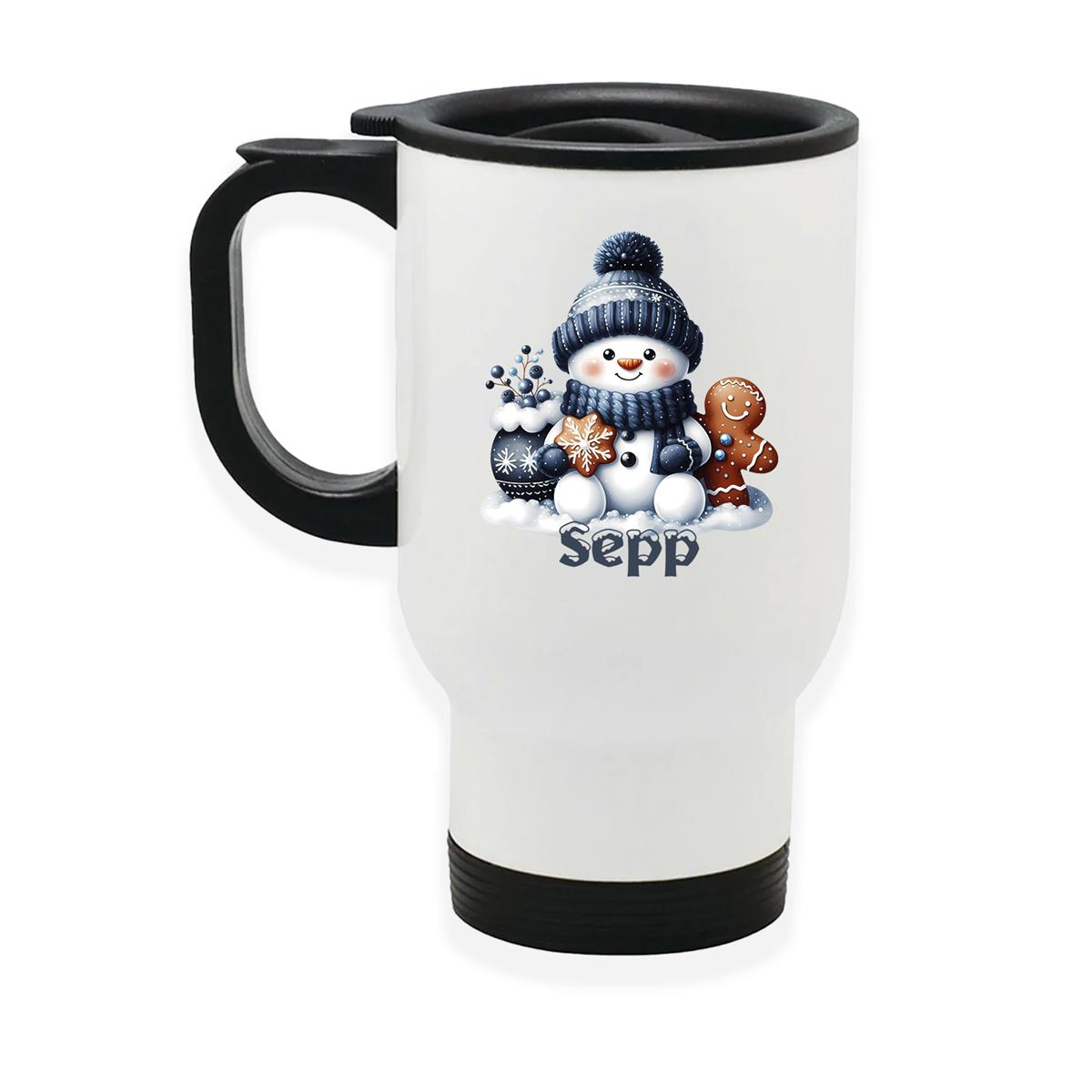 Edelstahl-Thermobecher mit Deckel Weihnachten Schneemann 4 personalisiert weiß