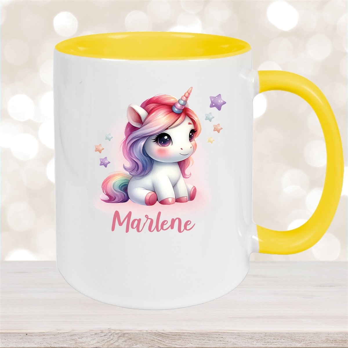 Tasse Einhorn #10 Wunschname Keramik Kinderbecher personalisiert Gelb
