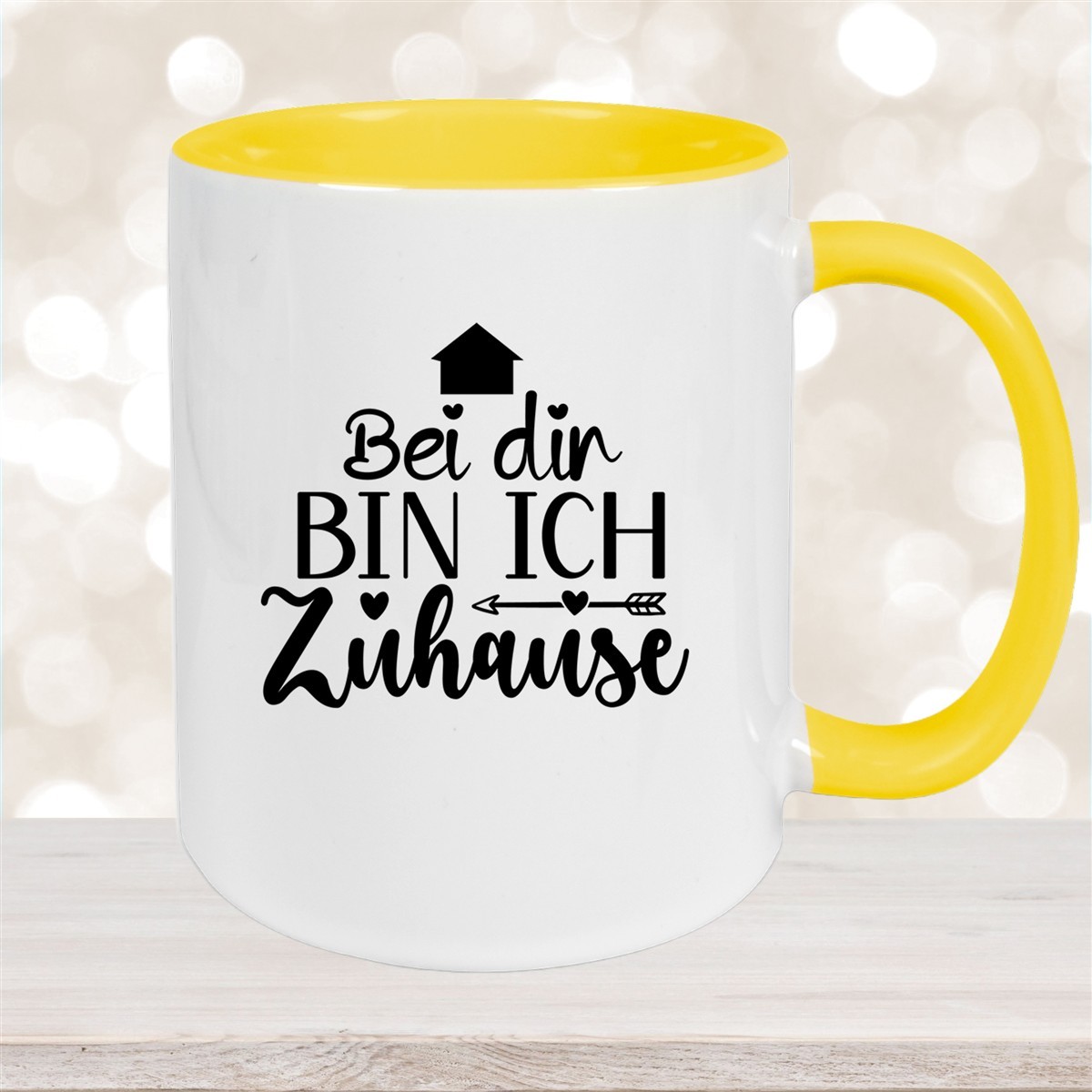 Tasse Liebe -  Spruch "Bei dir bin ich zu Hause" Valentinstag Wunschnamen Keramik personalisiert versch. Farben Gelb