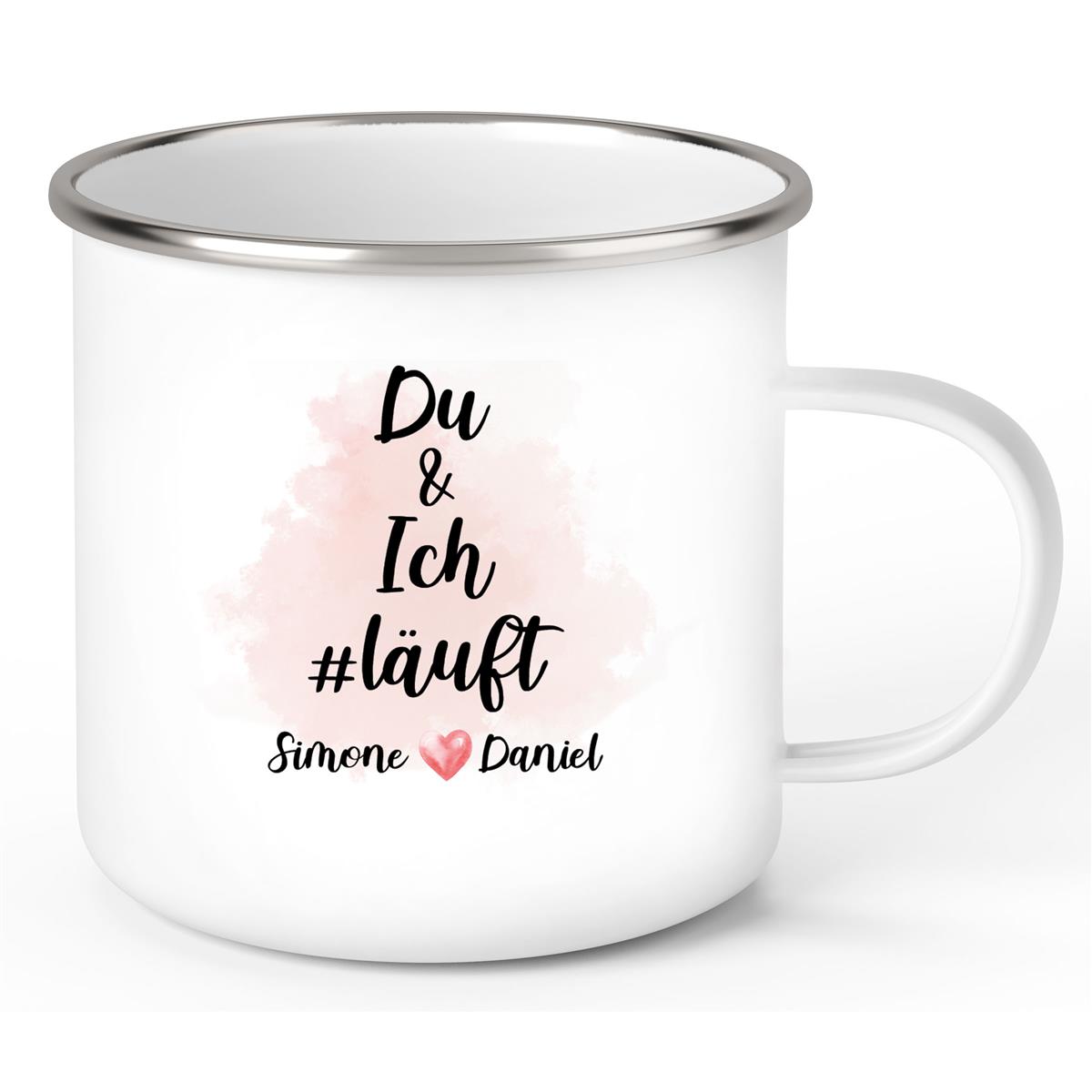 Tasse Spruch "Du & Ich Läuft" Valentinstag 8 Wunschnamen Emaille personalisiert