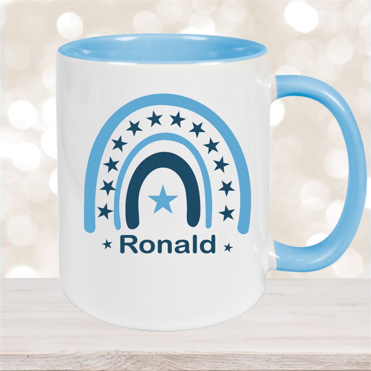 Tasse Wunschname Regenbogen #3 Keramik Kinderbecher Hellblau