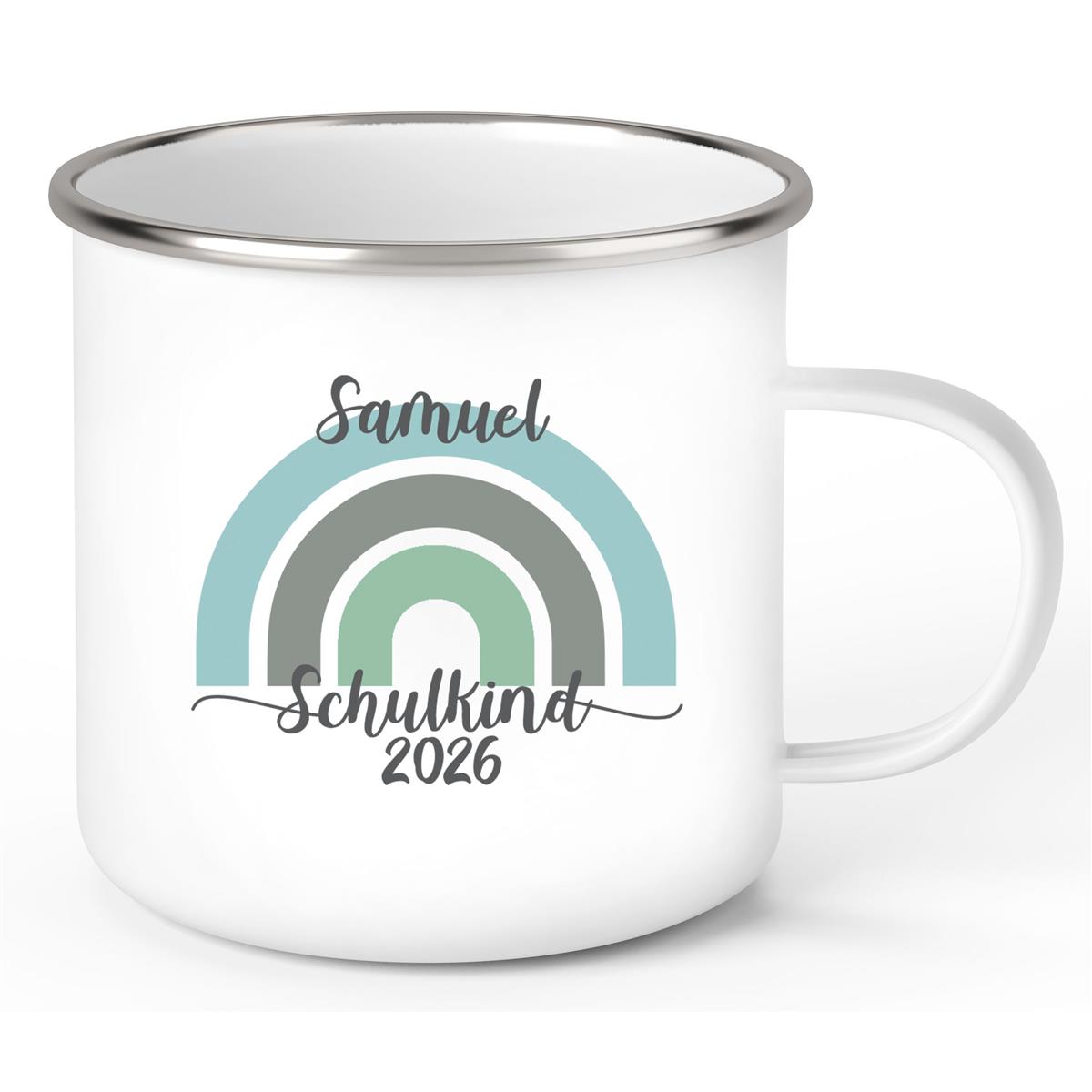 Tasse Schulkind 05 Wunschname Rainbow Emaille Kinderbecher Personalisiert