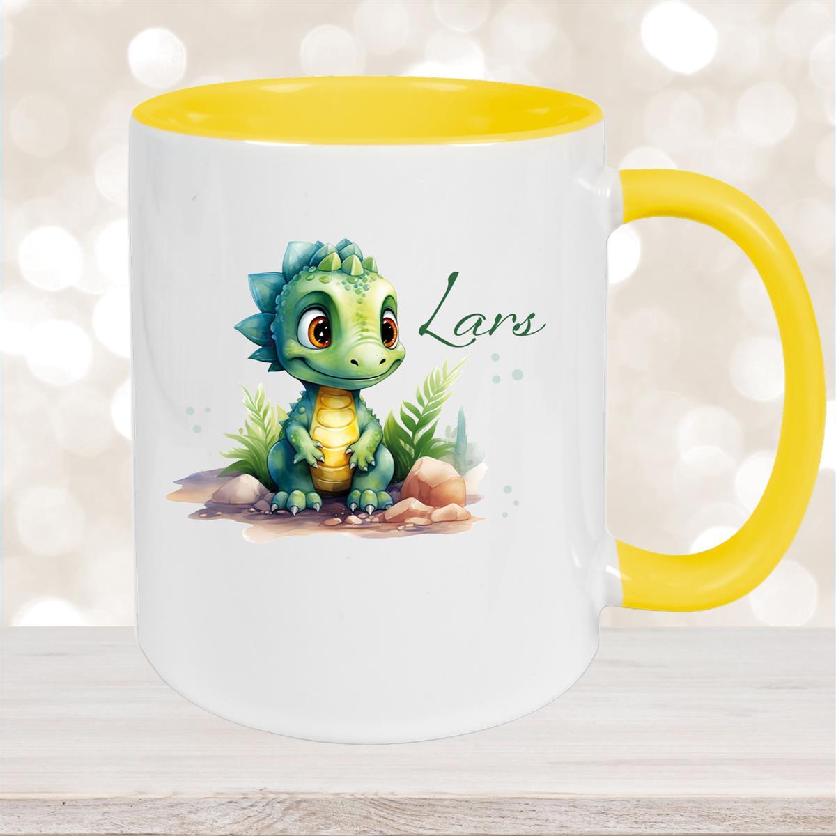 Tasse Dino #17 Wunschname Keramik Kinderbecher Personalisiert Gelb