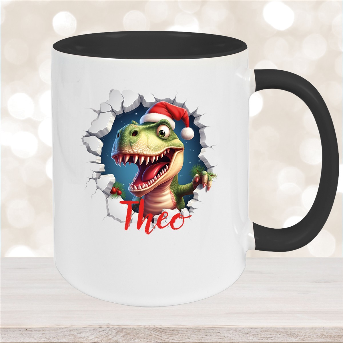 Tasse Wunschname Christmas Dino #1 Keramik Kinderbecher Schwarz