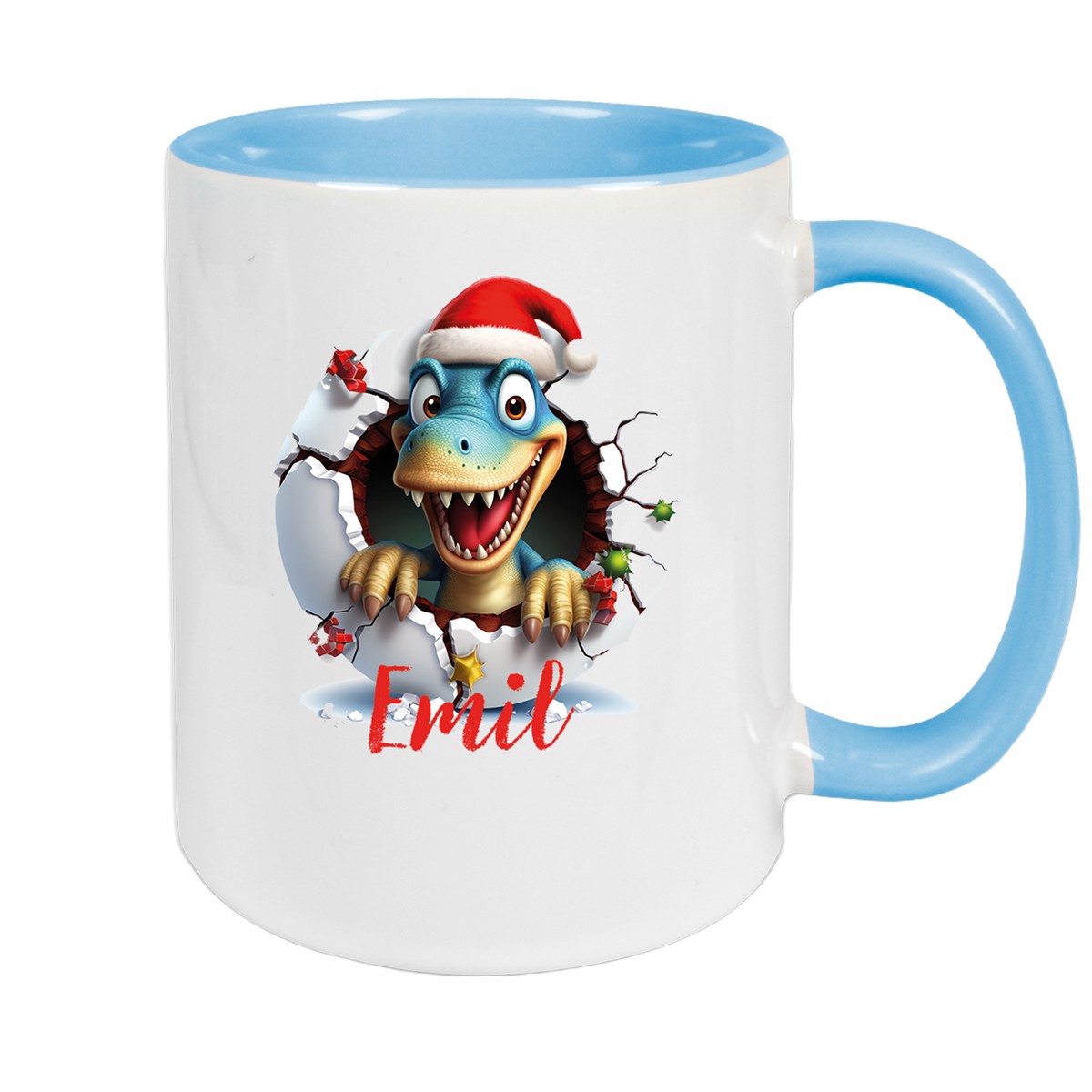 Tasse Wunschname Christmas Dino #2 Keramik Kinderbecher Hellblau