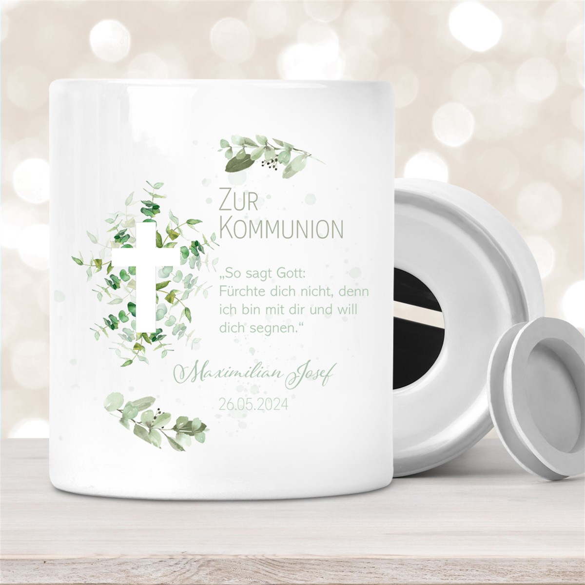 Spardose zur Kommunion mit Wunschname Kreuz #1 Personalisiert